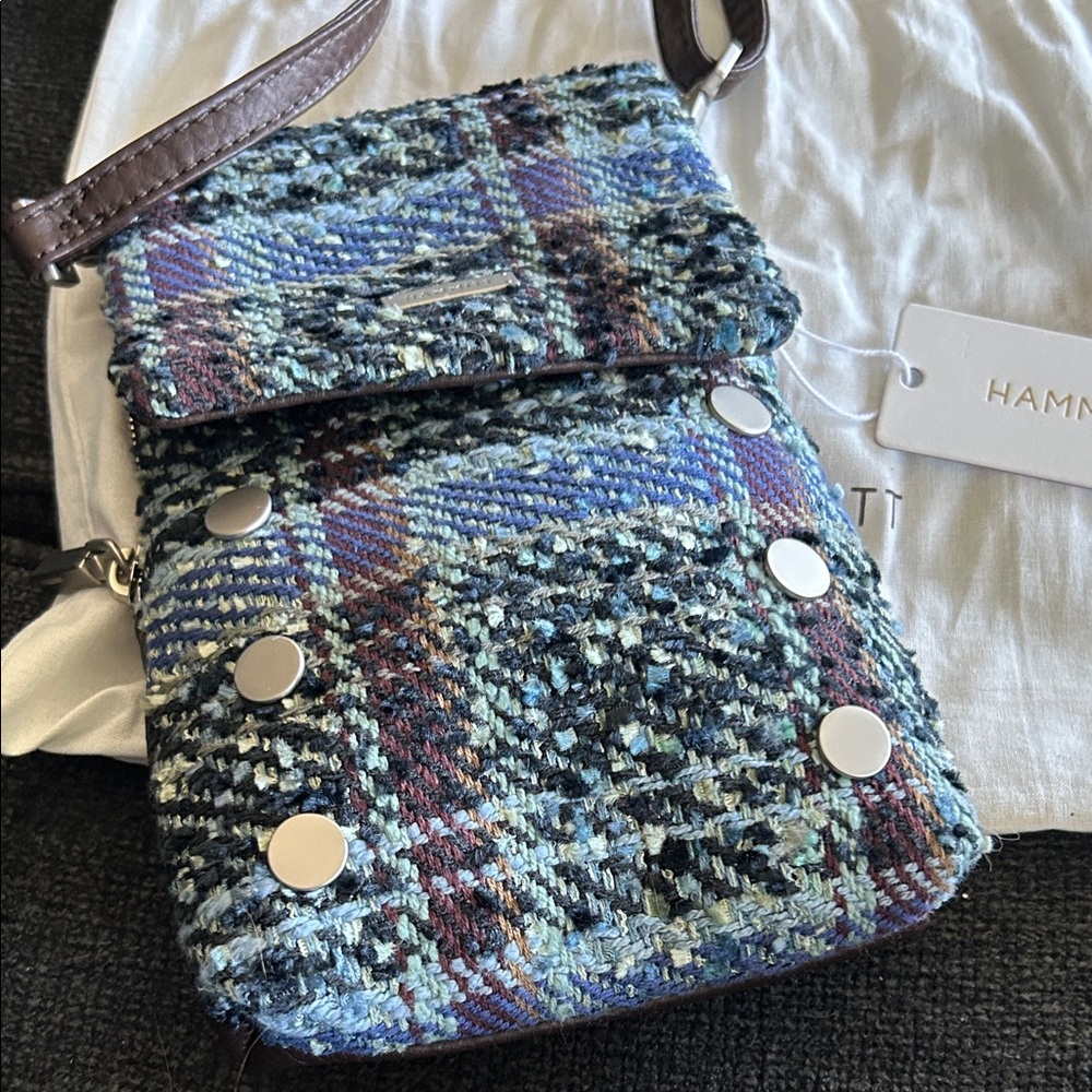 Hammitt Blue Plaid Tweed Crossbody Bag with Silver Studs